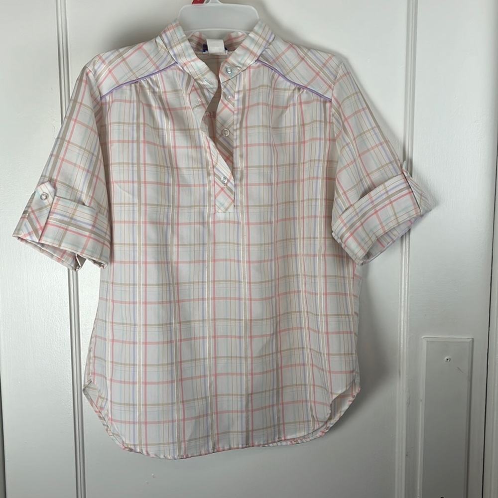 Vintage 80’s Cream Pastel Striped Cotton Shirt Blouse made  in USA Pullover M/L